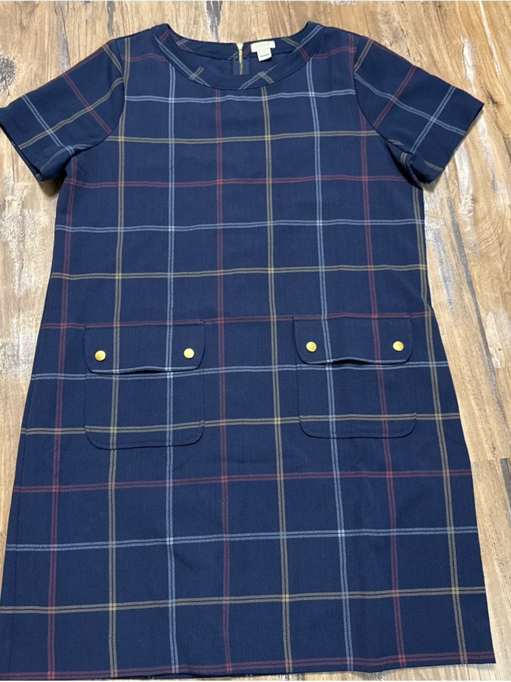 J. Crew Navy Plaid Shift Dress with Pocket Details
